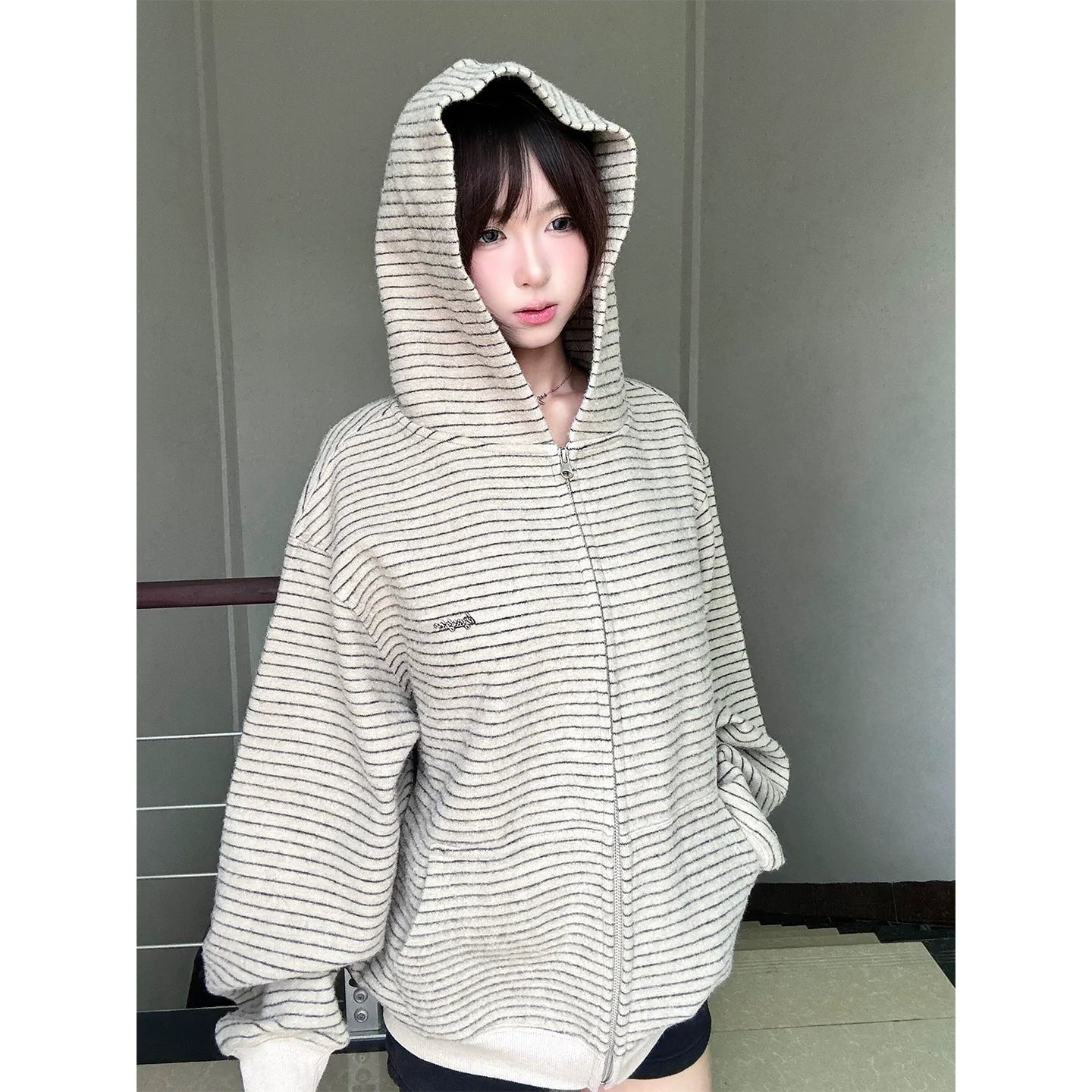 American Striped Zip-Up Hoodie Retro Loose Sweatshirt Jacket