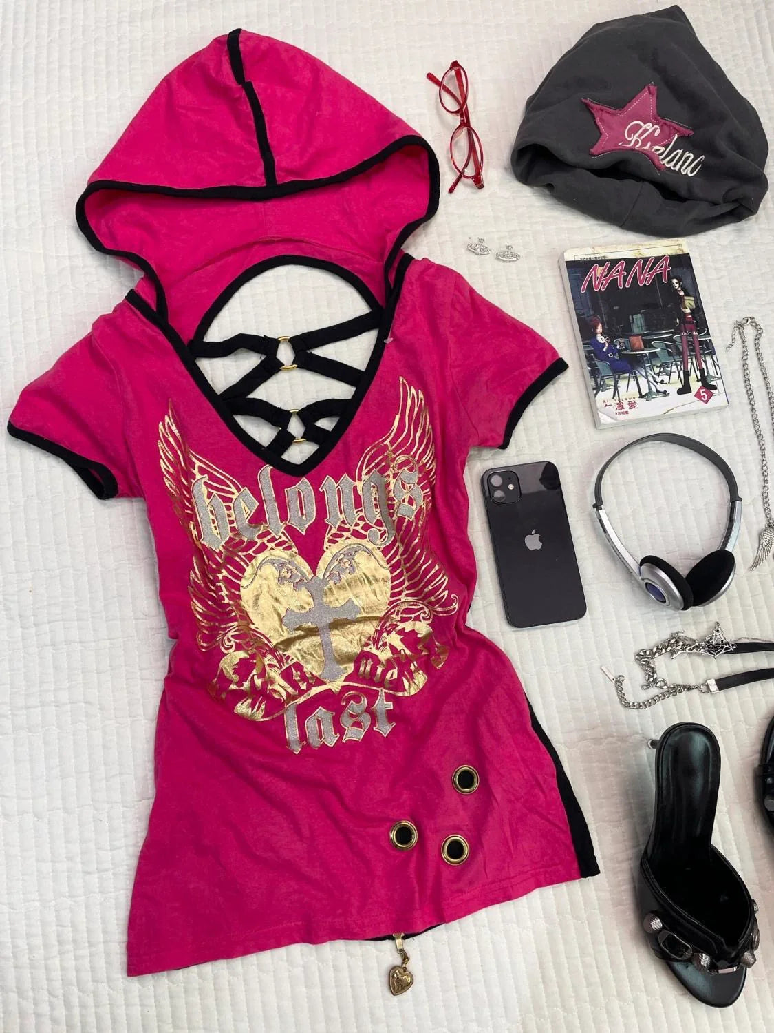 Open-Back Hooded Subculture Y2K E-girl Abi American Retro Open-Back Hooded Light Subculture Short Sleeve Top