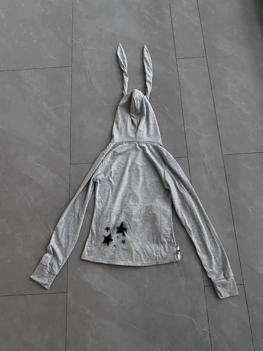 Gray Remake Hoodie Jacket Subculture Punk Y2K E-girl Bunny Ear Skull & Leopard Star Autumn/Winter Jacket