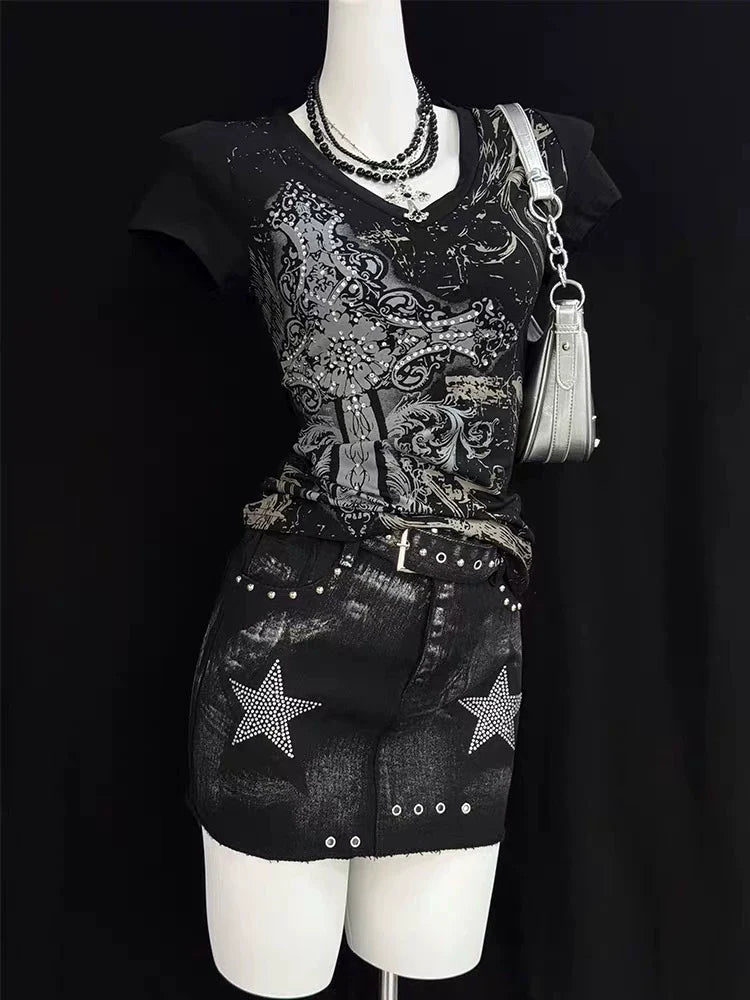 Black Subculture Gothic Rock Punk Y2K E-girl Print V-neck Waist-Cinched Short Sleeve Top