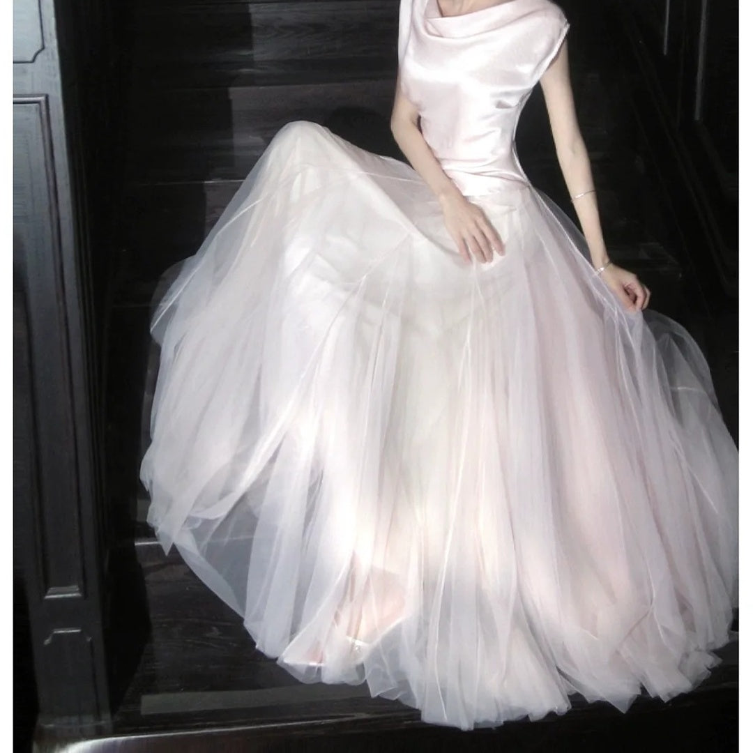 French Pink Satin Top Tulle Half Skirt Gown Set