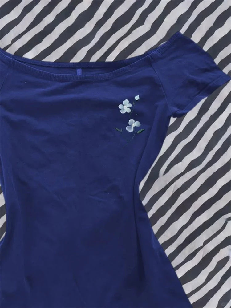 Blue American Vintage Floral Print Off-The-Shoulder Y2K T-Shirt