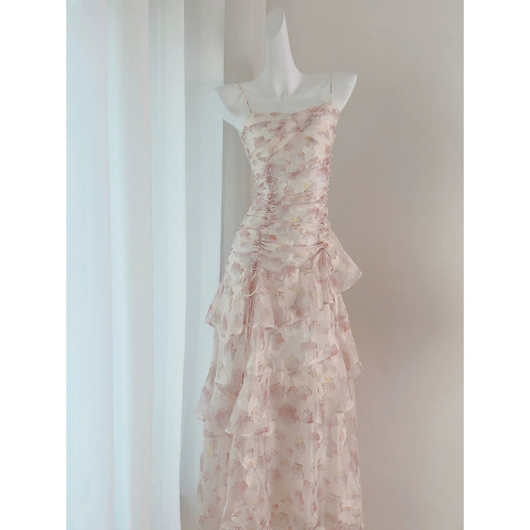 Pink Chiffon Floral Fitted Halter Gown Dress