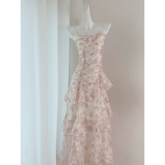 Pink Chiffon Floral Fitted Halter Gown Dress