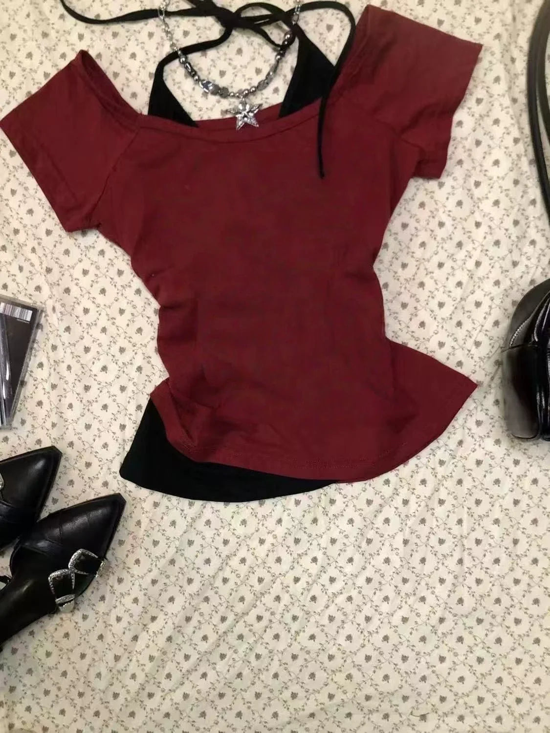 Red American Vintage Fake Two-Piece Halter Tie Y2K T-Shirt