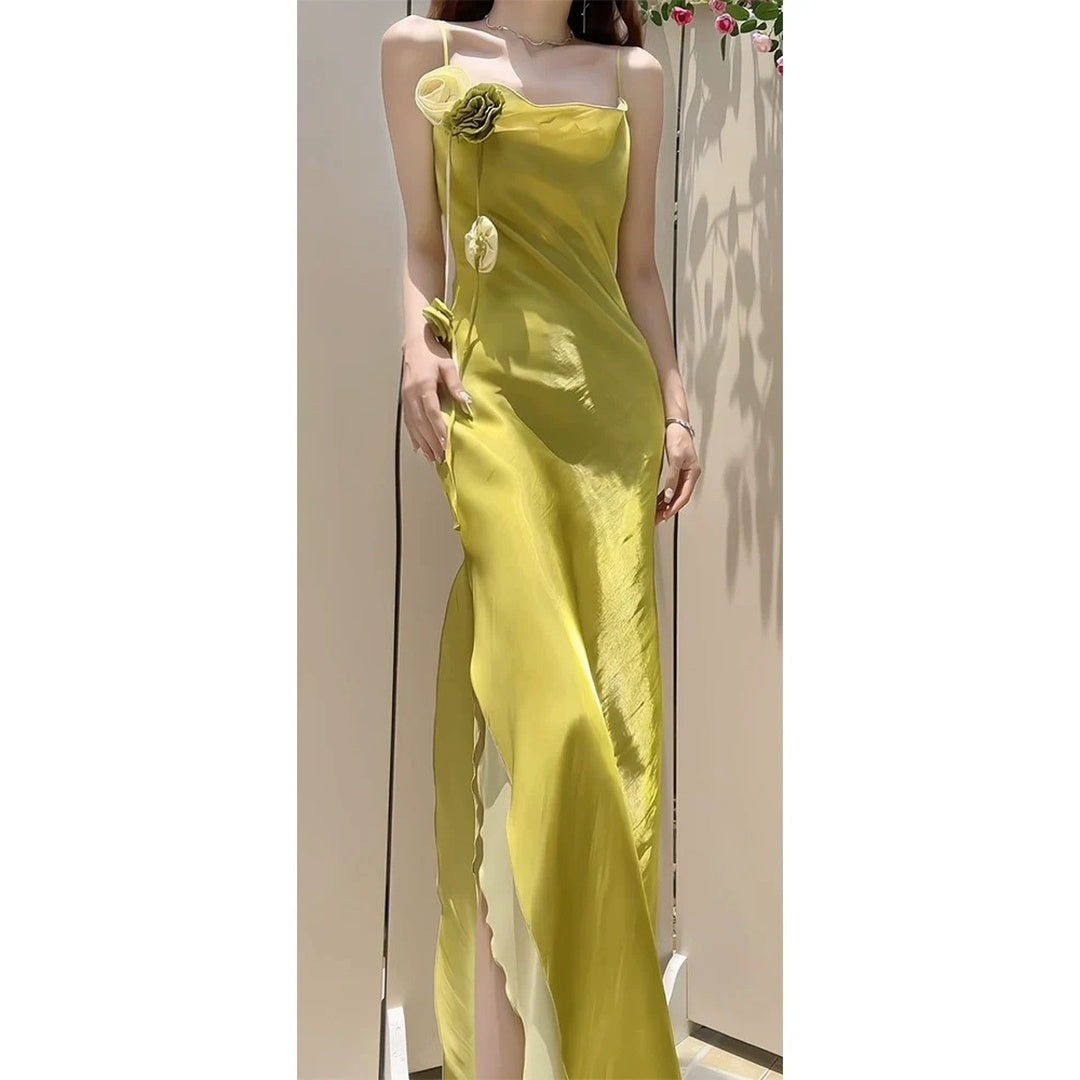 Elegant French Double Layer Draped Slit Spaghetti Strap Gown Dress