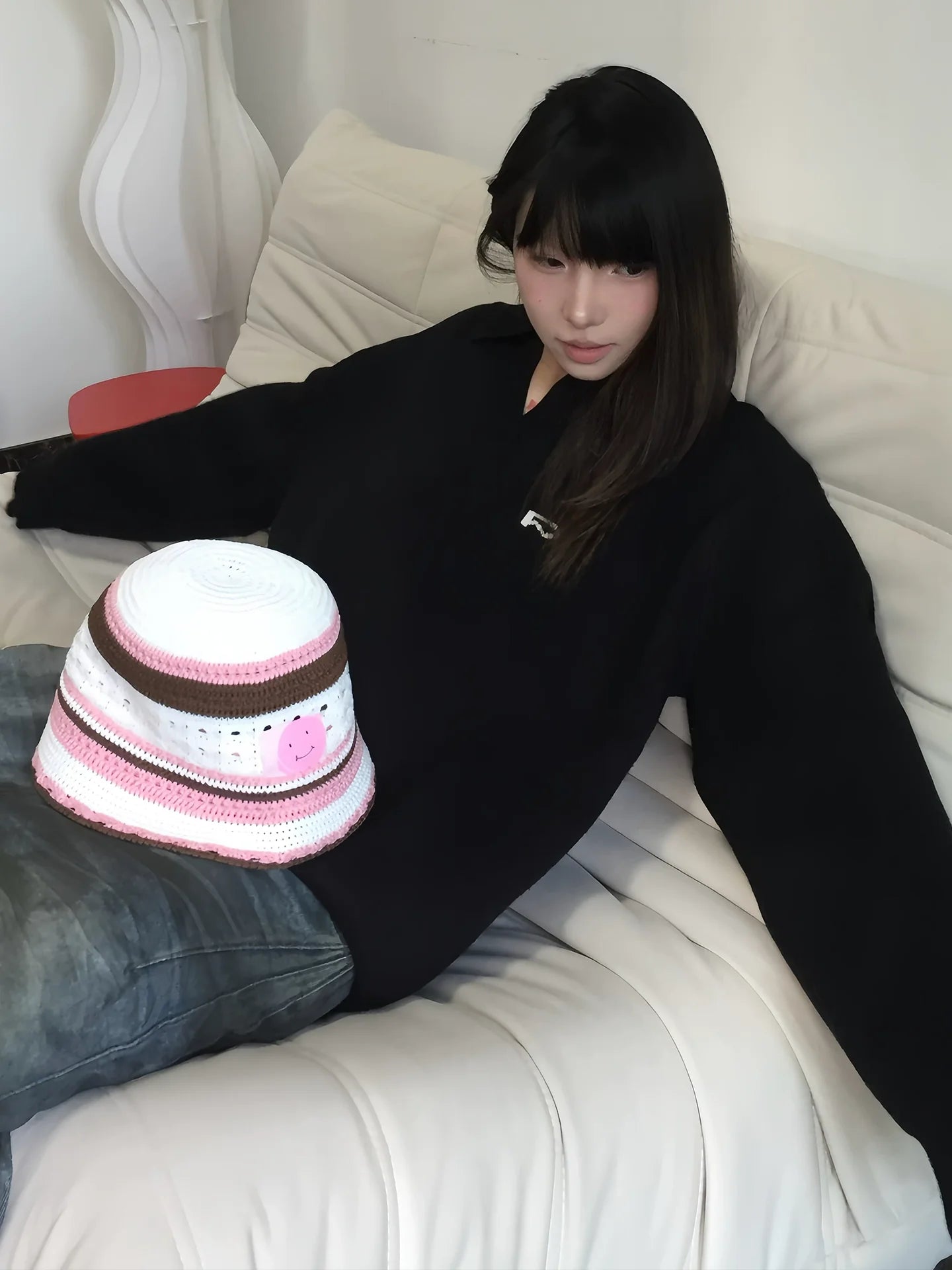 Lazy Style Black V-Neck Knit Sweater Early Autumn Loose Pullover Knitwear