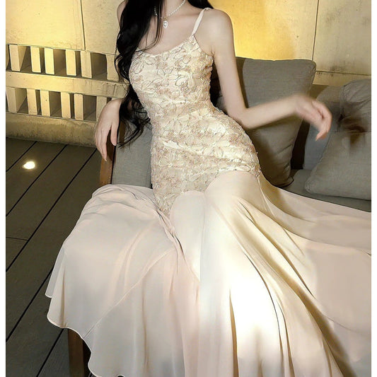 Embroidered Pink Spaghetti Strap Mermaid Gown Dress