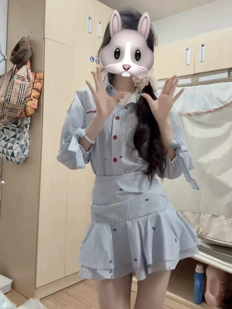 Blue-White Stripe Collared Mid-Sleeve Shirt Waist-Cinched Ruffled Summer Mini Dress