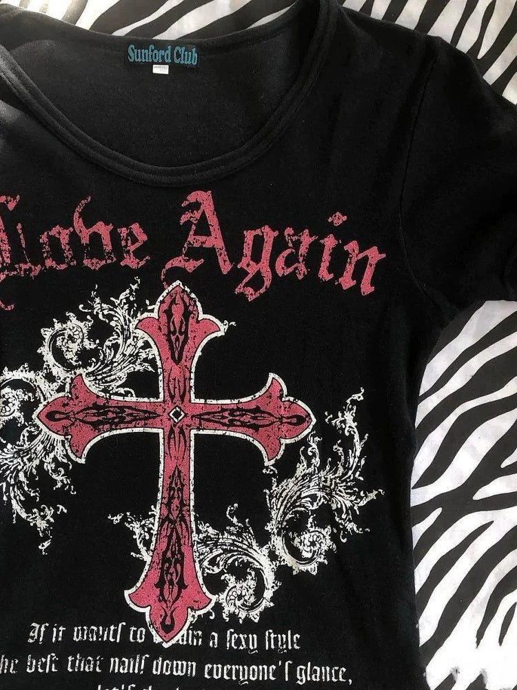 Black Gothic Punk Y2K E-girl American Retro Cross Print Short Sleeve Top