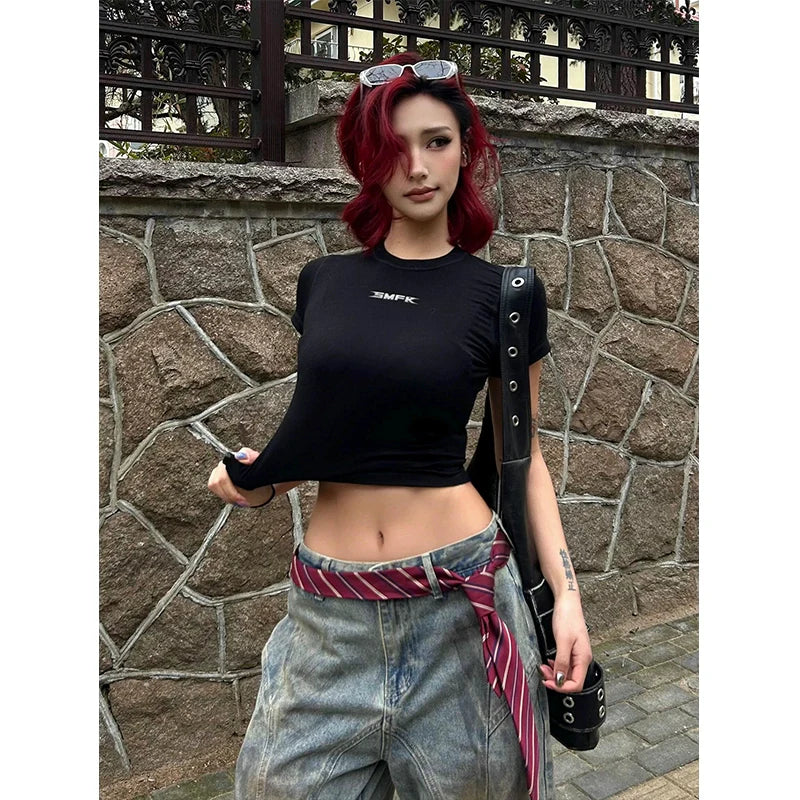 American Black Fitted Short Sleeve Tee Summer Stretch Cotton 40s Tight Crop Top