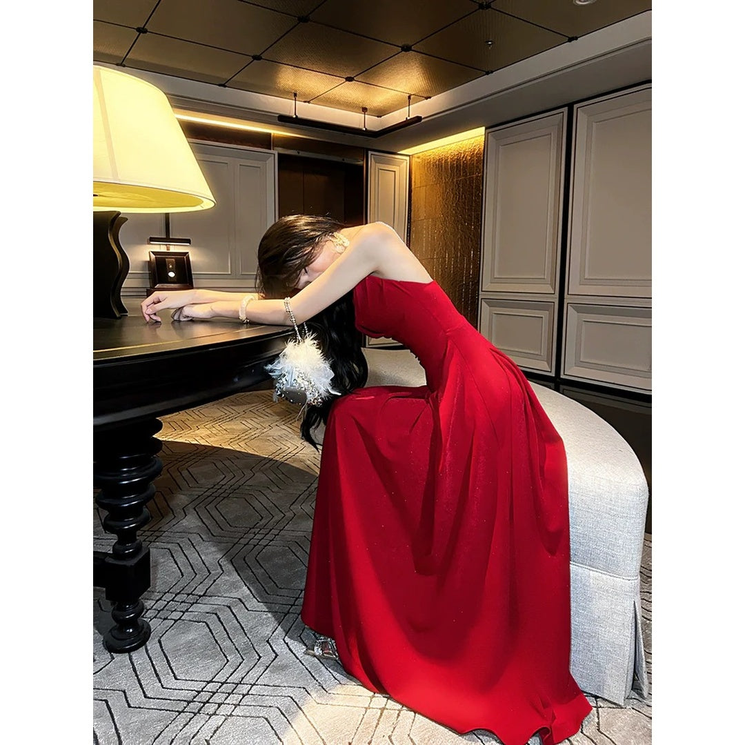 French Red Backless Holiday Spaghetti Strap Gown Dress