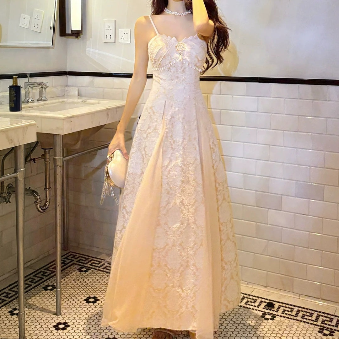 French Printed Spaghetti Strap Fitted Waist Gown Dress