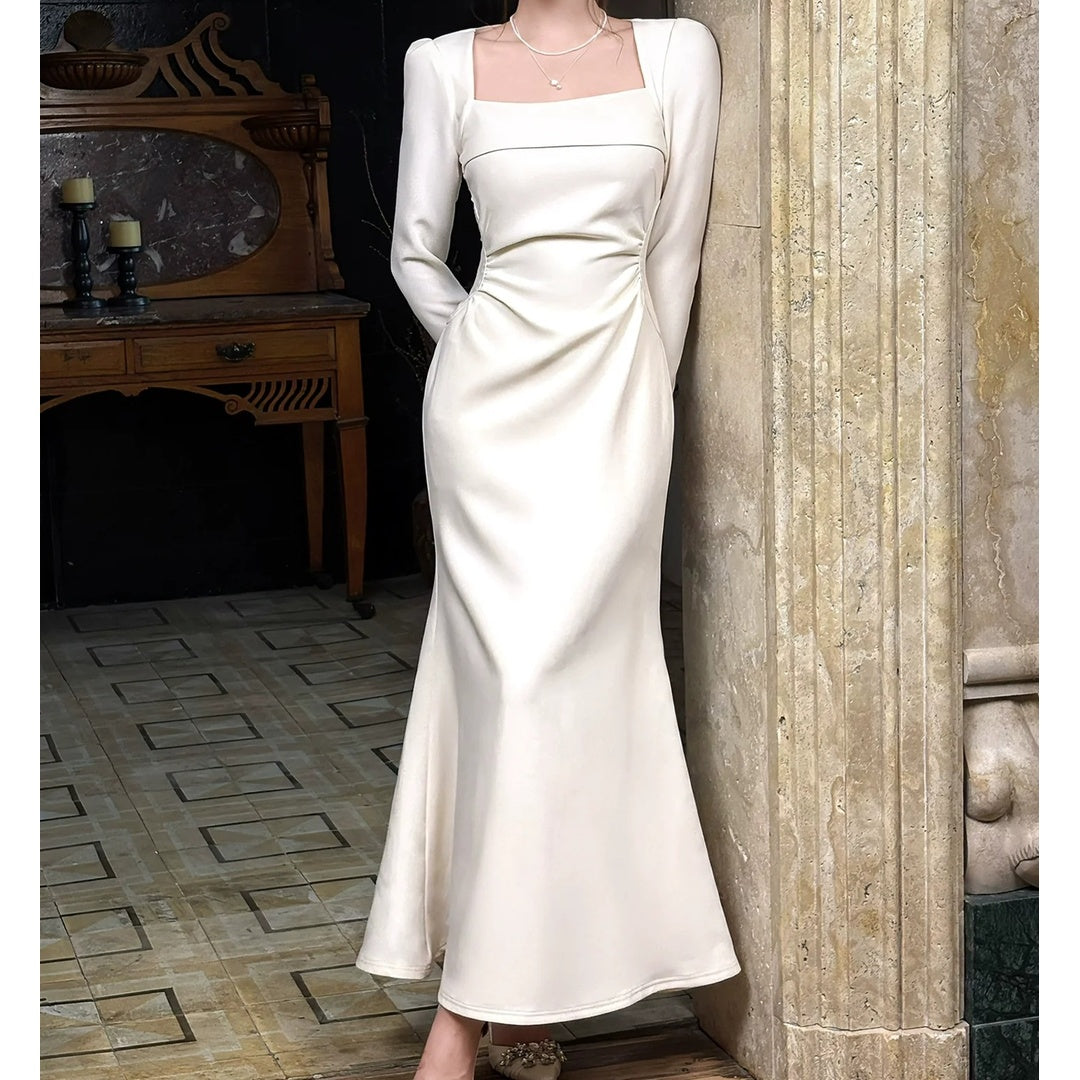 French Long Sleeve Square Neck Gown Dress – Engagement and Party Dress