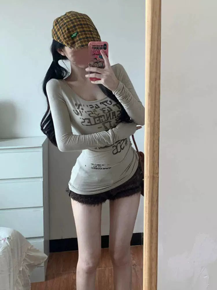 Light Khaki Graphic Print Square Neck Y2K T-Shirt