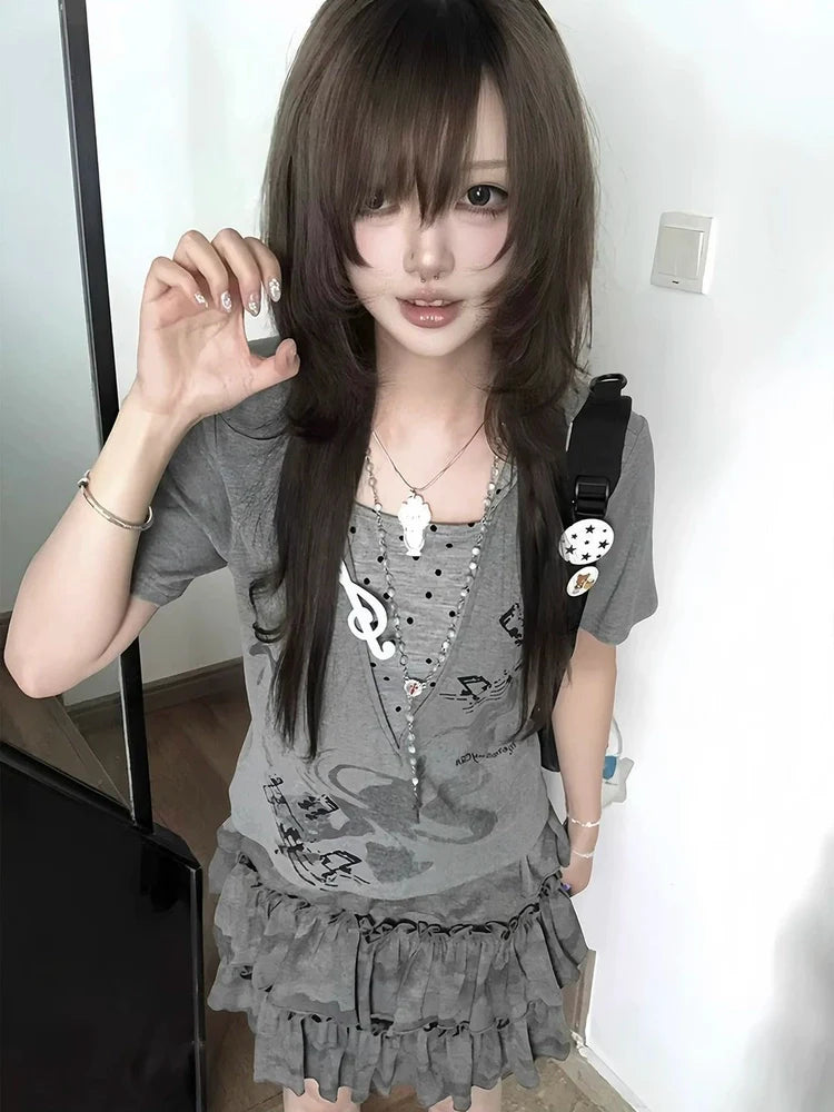 Gray Hooded Y2K T-Shirt