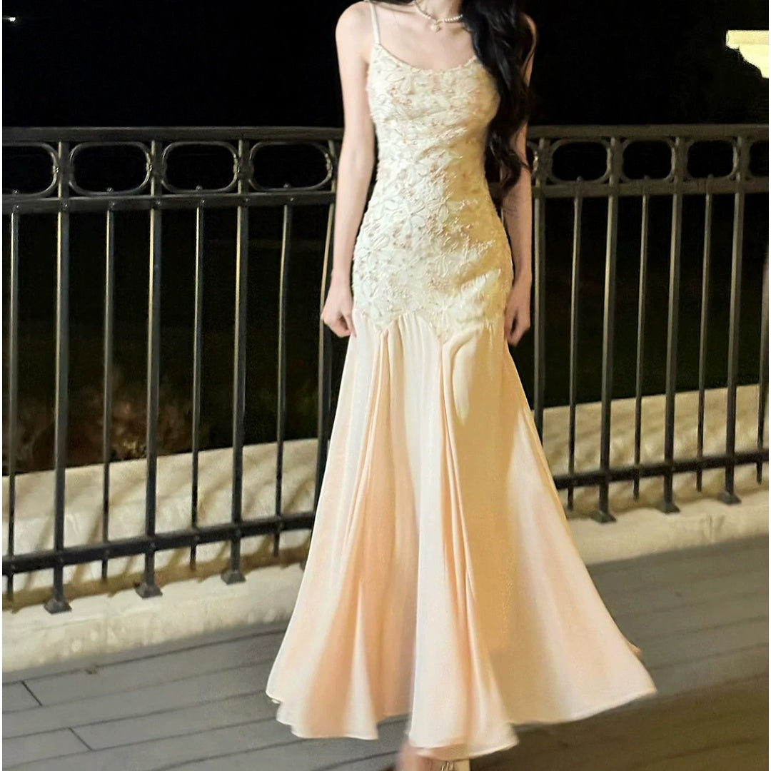 Embroidered Pink Spaghetti Strap Mermaid Gown Dress