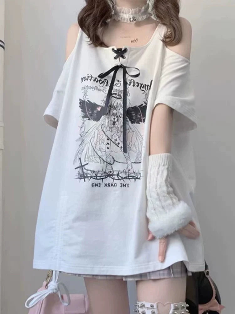 White Off-Shoulder Tie Angel Print Oversized Mid-Length Y2K T-Shirt
