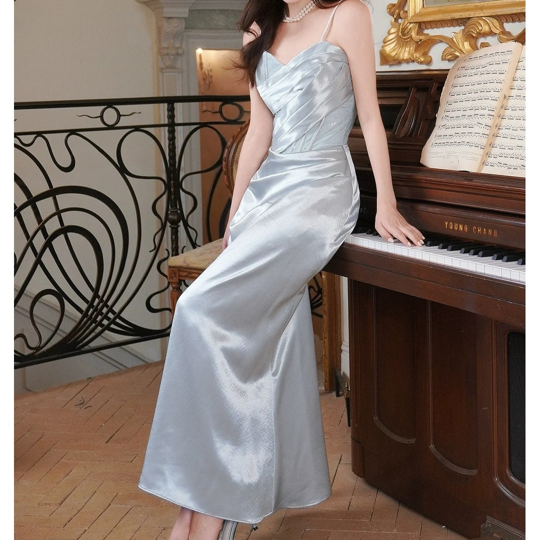 French Lace Satin Sleeveless Gown Dress