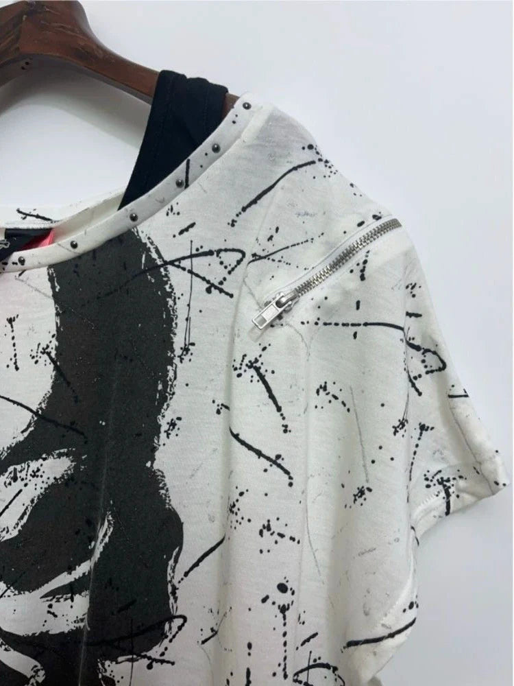 Black and White Bat Sleeve Fake Two-Piece Y2K T-Shirt