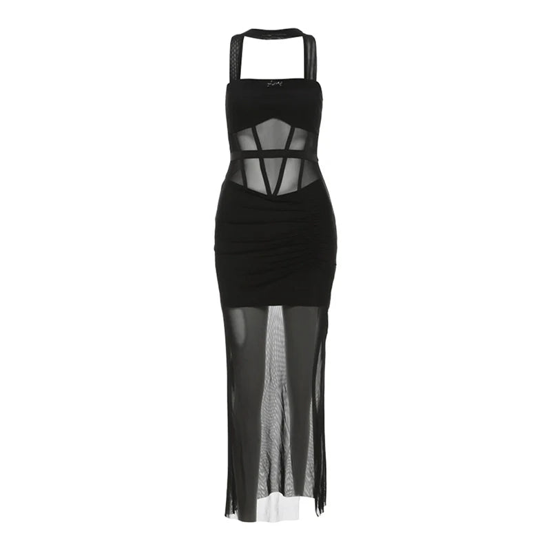 Sweet & Spicy Boss Lady Black Mesh-Paneled Halter High-Slit Dress