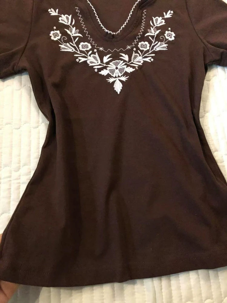 Brown Subculture Y2K E-girl Abi American Retro Vintage Early Embroidery Short Sleeve Top