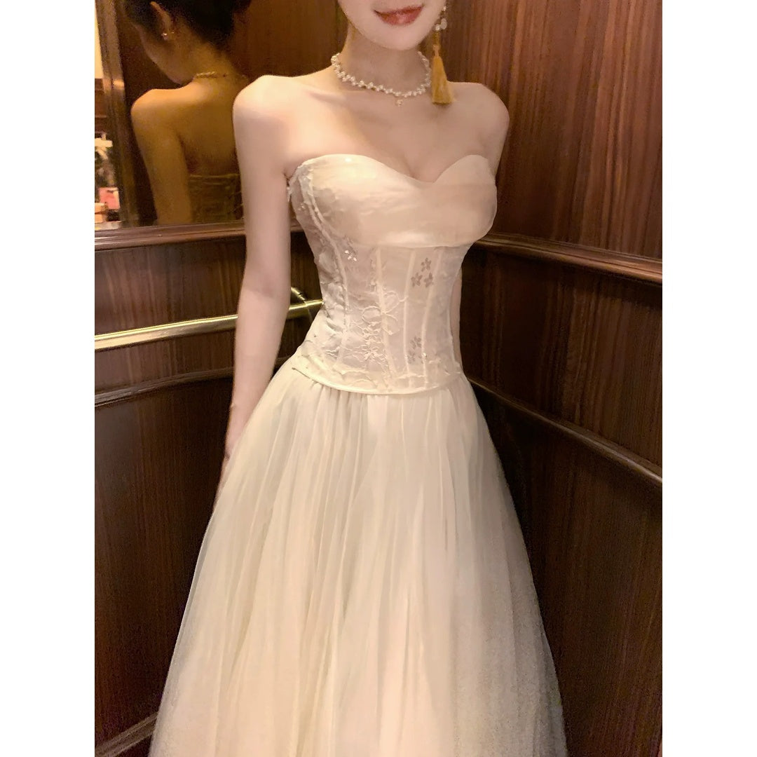Sequin Lace Bustier & Mesh Skirt Gown Prom Dress