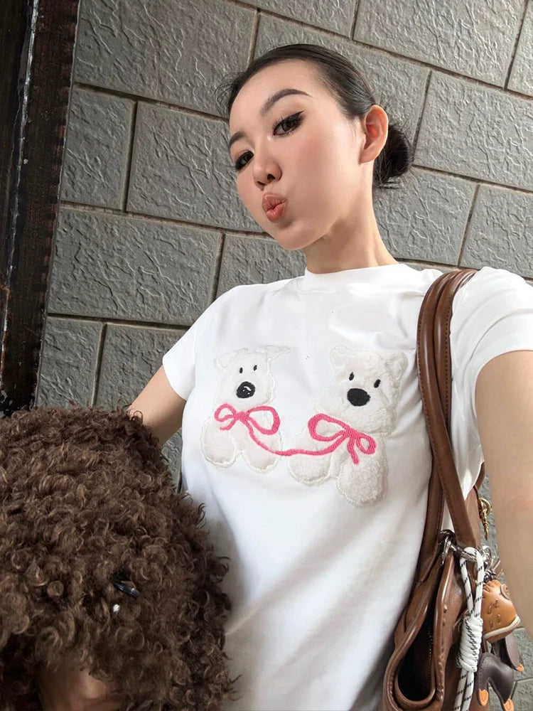 White Dog Applique Short Sleeve Top Slim Fit Tee