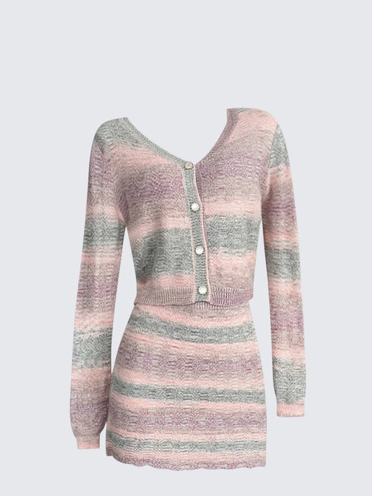 Pink Striped Knitted Two Piece Set Women Autumn