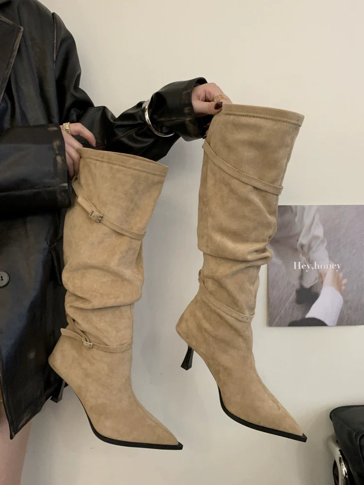 New Fall Winter French Knee High Boots Women Thin High Heel Winter Coat Friendly Knee High Fashion Maillard Boots