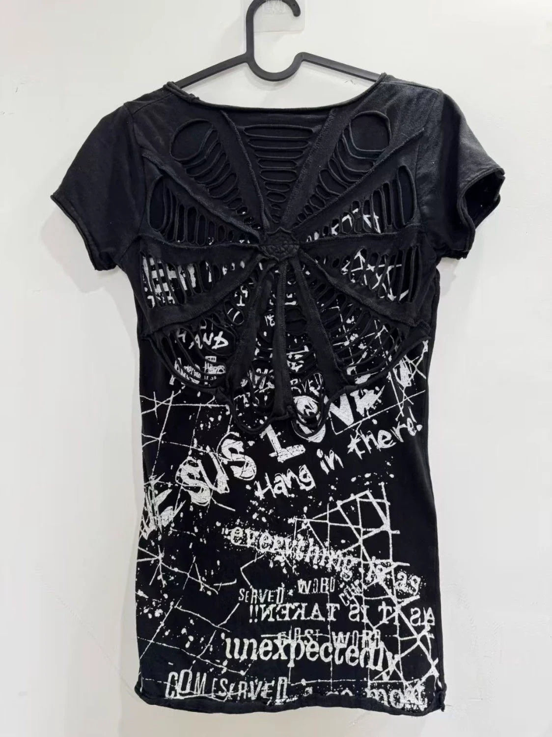Black Open-Back Mesh Subculture Punk Y2K E-girl Shibuya Girl Abi American Retro Spiderweb Short Sleeve Top