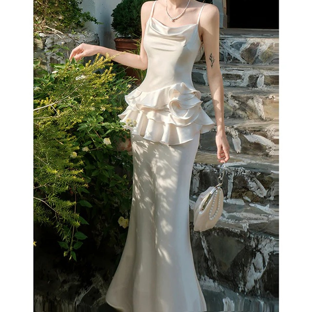 French Floral Satin Spaghetti Gown Dress – High-End Party Dress
