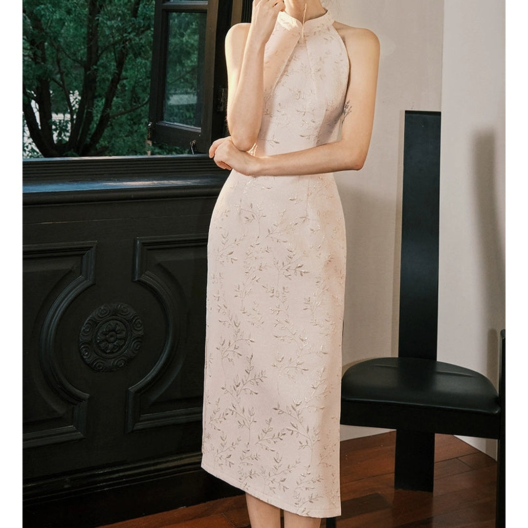 Modern Chinese Pink Jacquard Slit Gown Dress