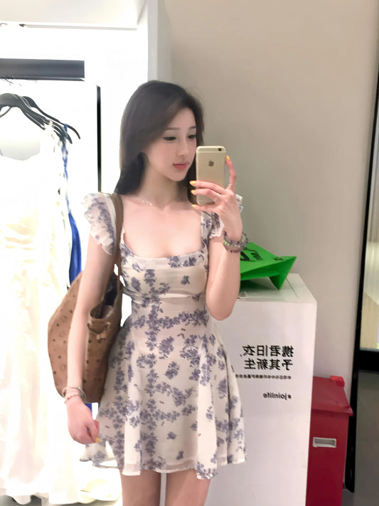 Reversible Blue Porcelain-Inspired Cap-Sleeve Floral Dress