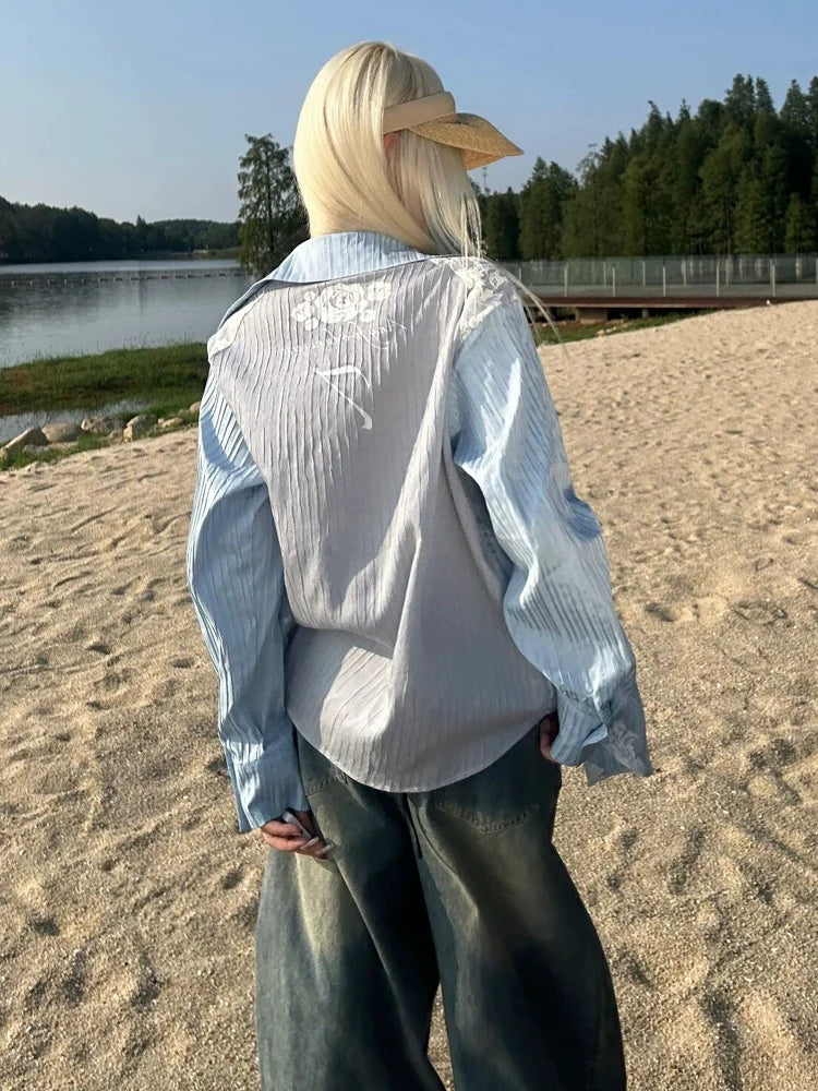 Retro Blue Striped Long Sleeve Shirt