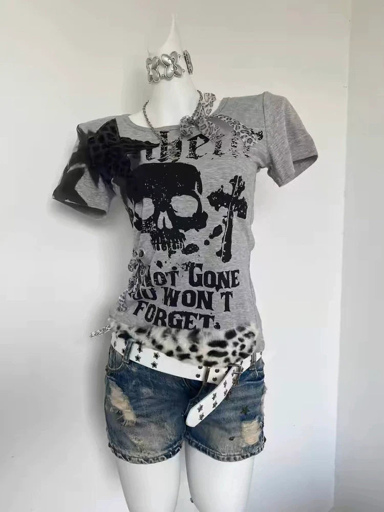 Gray American Vintage Print Short Sleeve Y2K T-Shirt