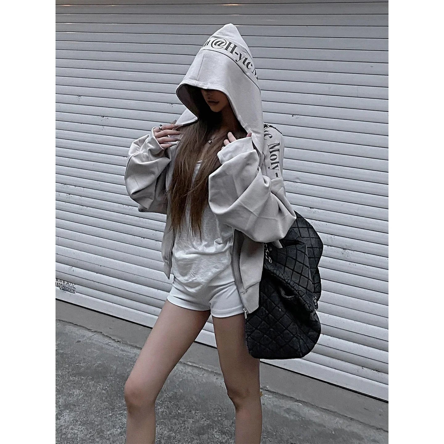 American Short Zip Hoodie Vintage Letter Print Cropped Sweatshirt