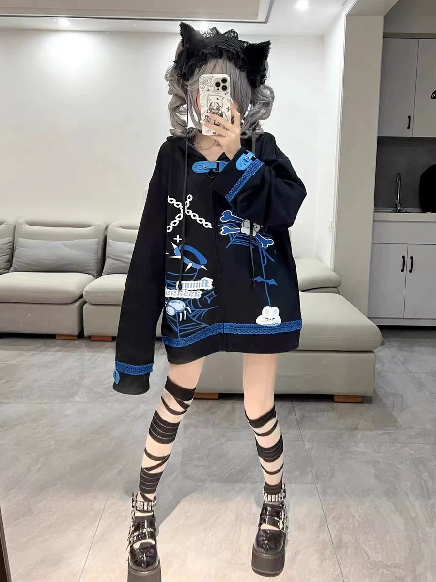 Black Y2K Punk Harajuku   Fleece-Lined Hoodie