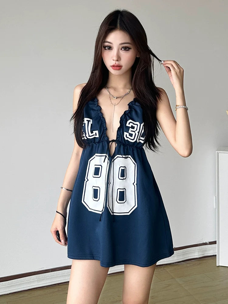 Western Edgy Style Color-Block Number Print Camisole Dress