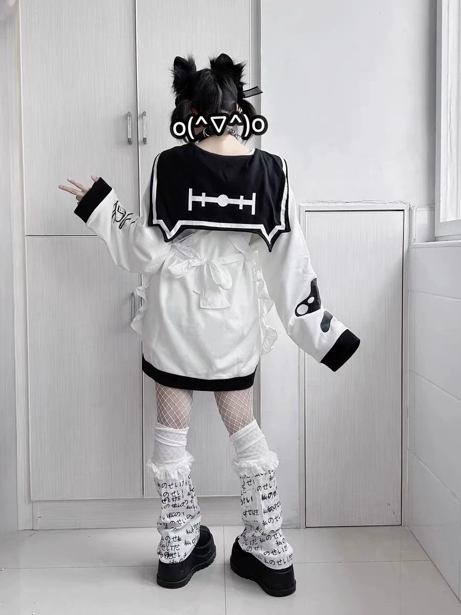 Black White Y2K Anime Injured Cat Print Cat-Ear Naval Collar Fleece Hoodie