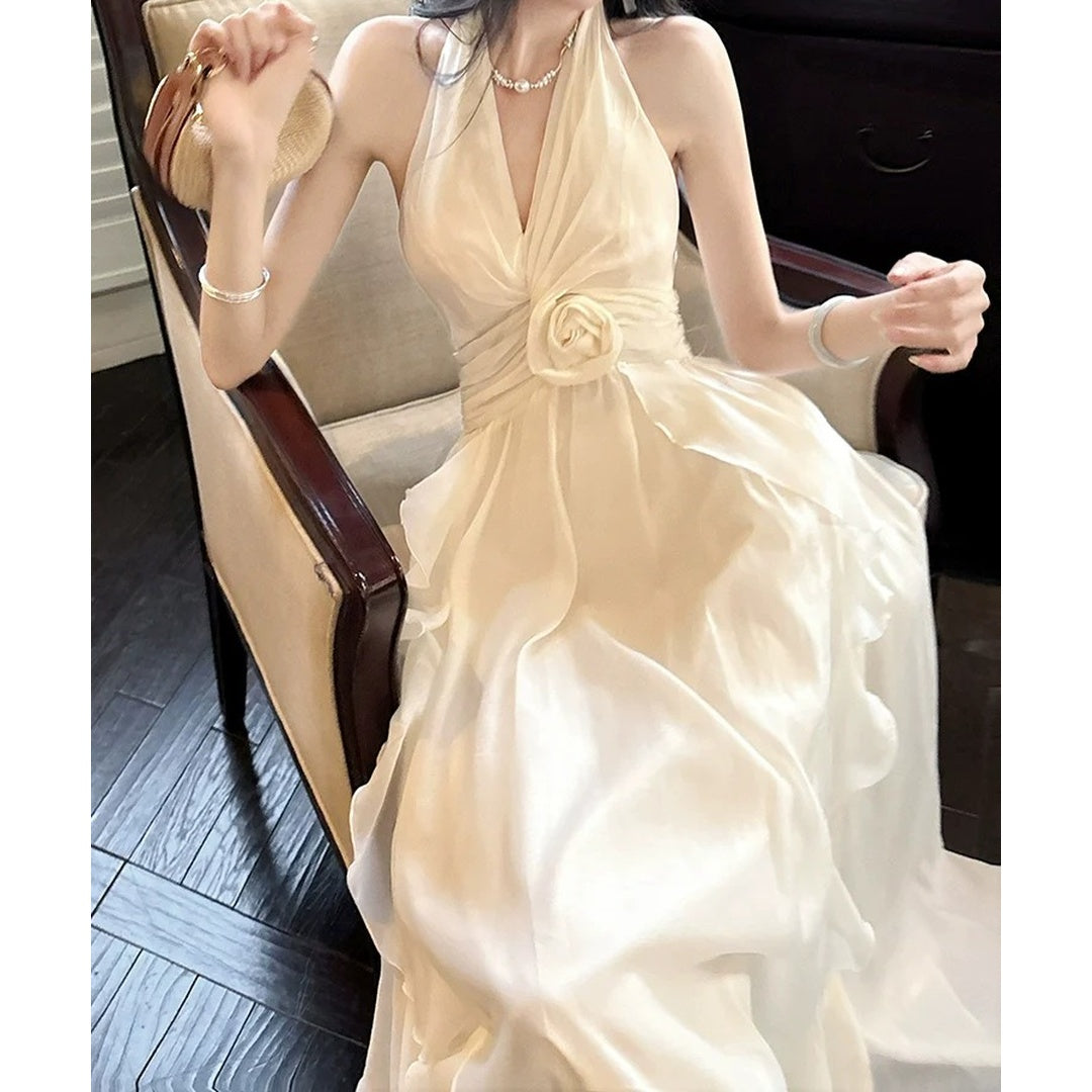 French Halter Floral Tulle Gown Dress