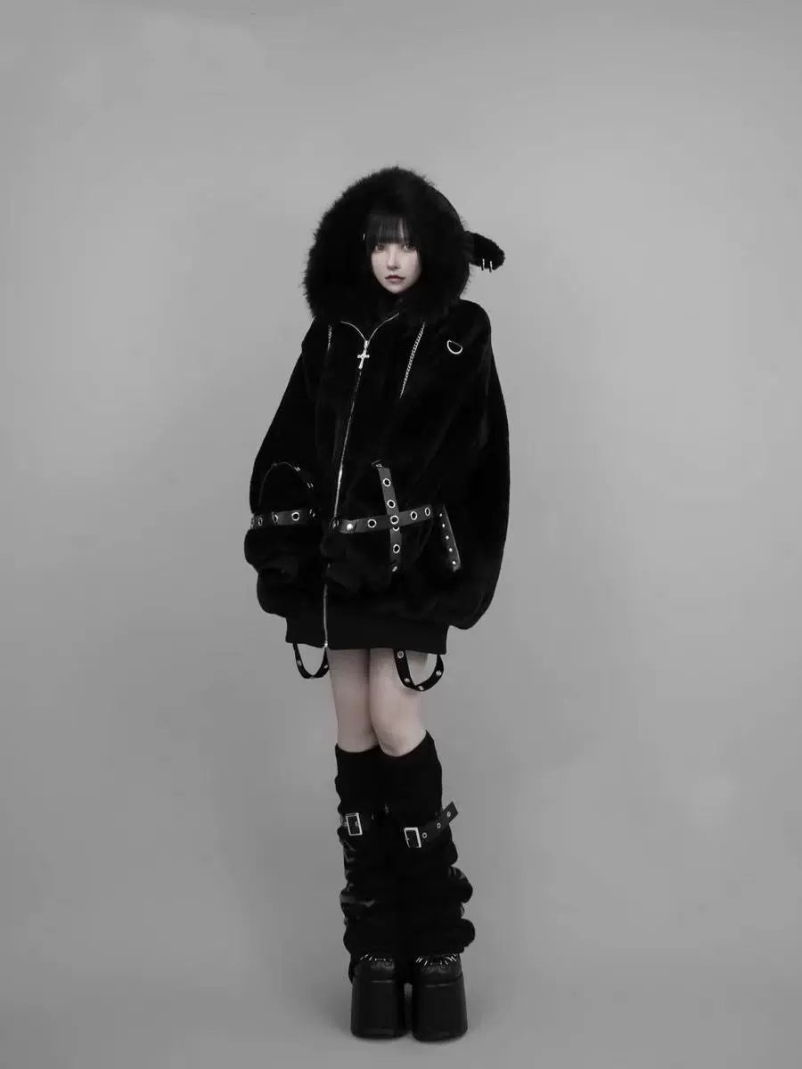 Black Subculture Dark Punk Y2K E-girl Lamb Ear Fleece Hooded Jacket