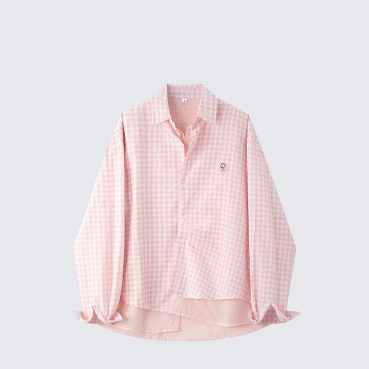 Fake Two-Piece Pink Checked Shirt Cardigan