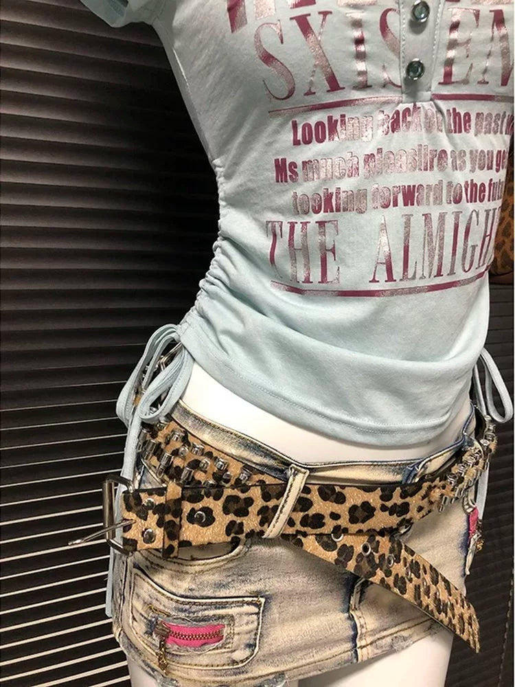 Blue Subculture Y2K E-girl Abi American Retro Drawstring Fake Two-Piece Vintage Short Sleeve Top