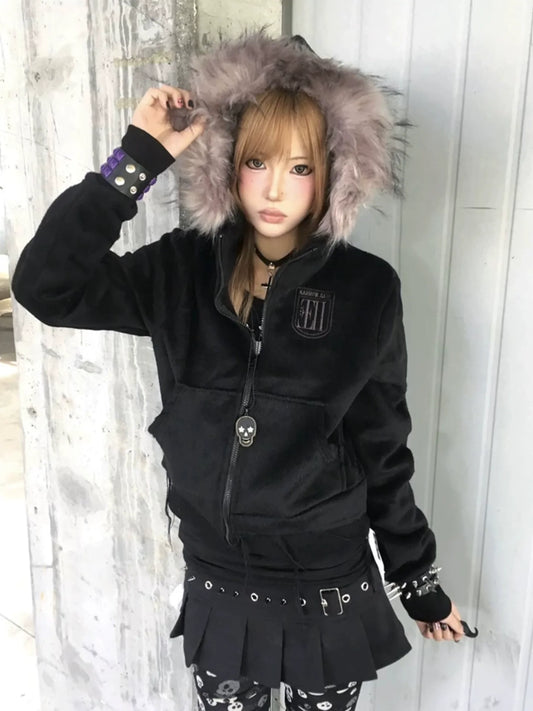 Y2K Visual Kei Fur Collar Hoodie Autumn-Winter Short Pullover with Tassel Hem
