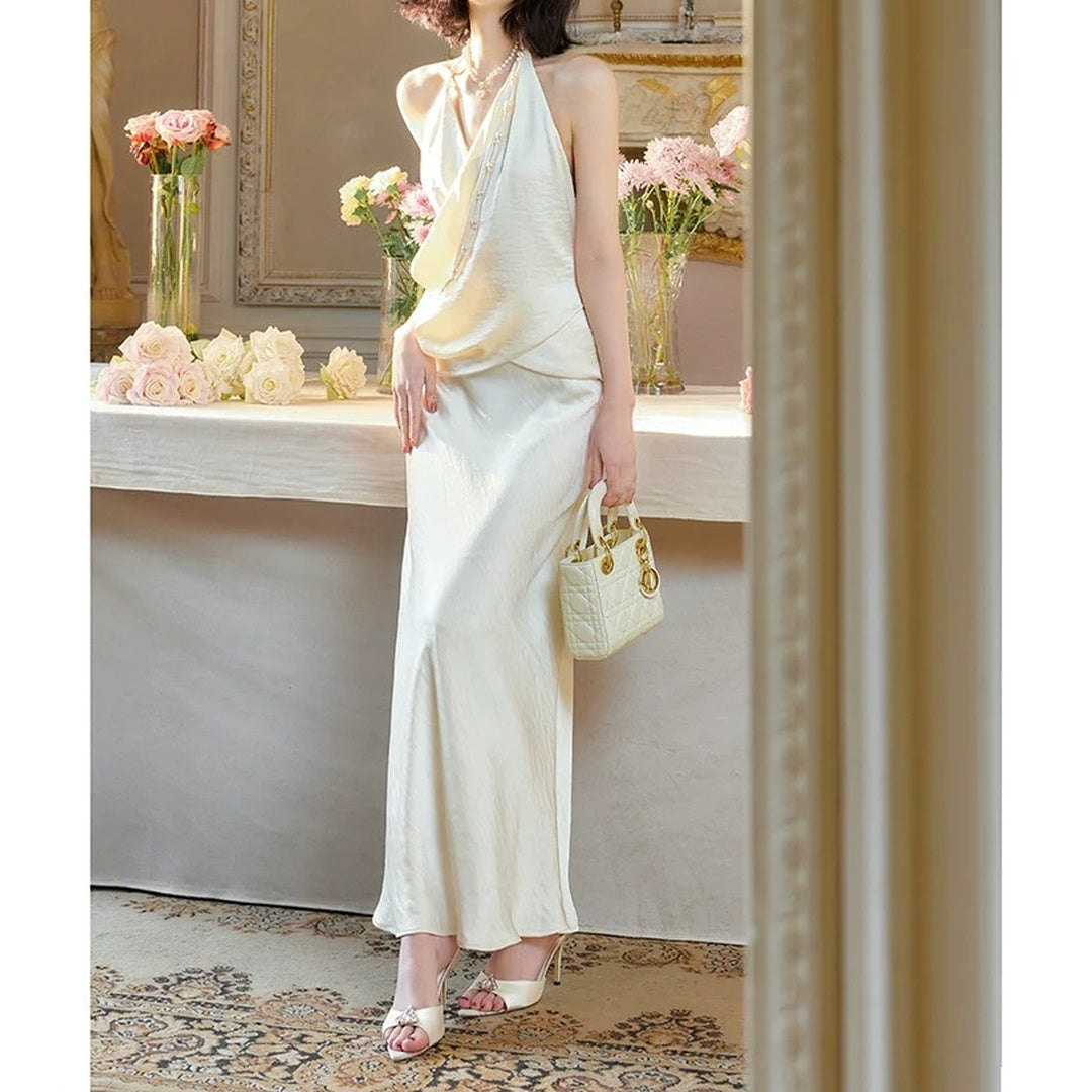 French Satin Halter Neck Pearl Waist Holiday Bodycon Gown Dress