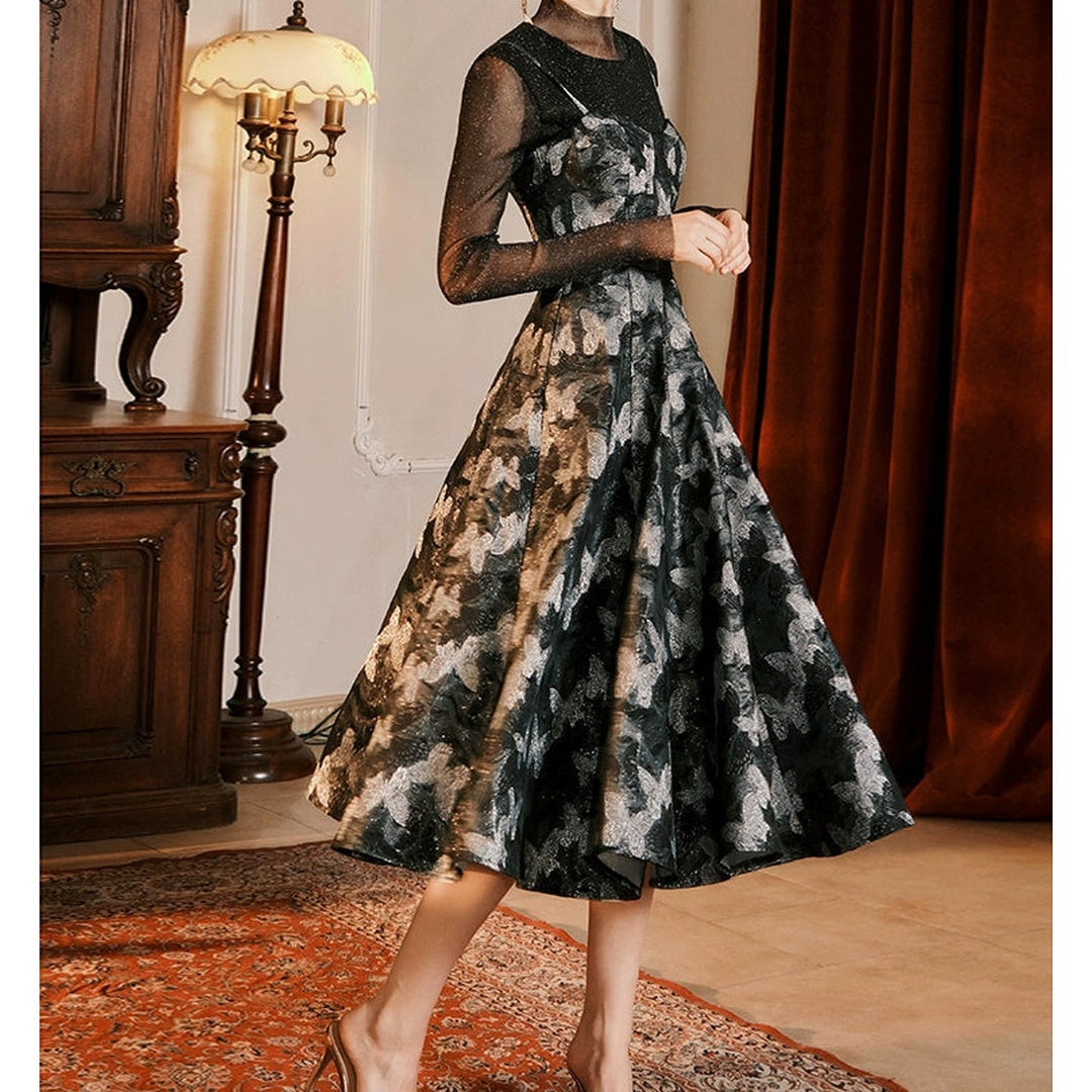 French Vintage Floral Gown Dress with High Neck Top