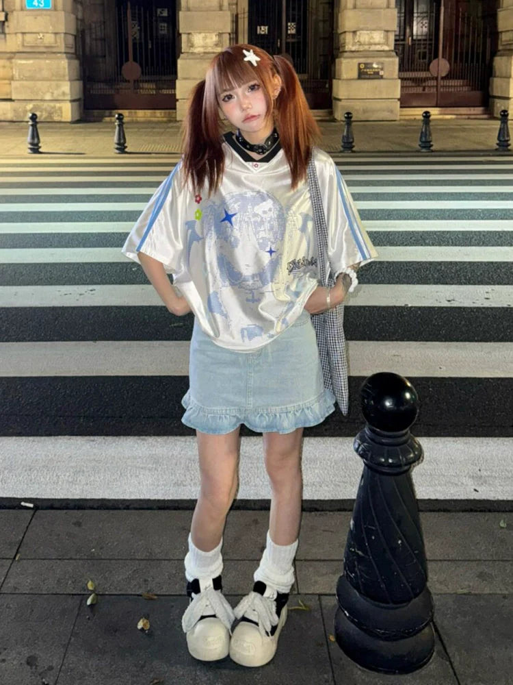 American Retro Jersey Tee Summer Anime Girl Print Loose V-Neck Top