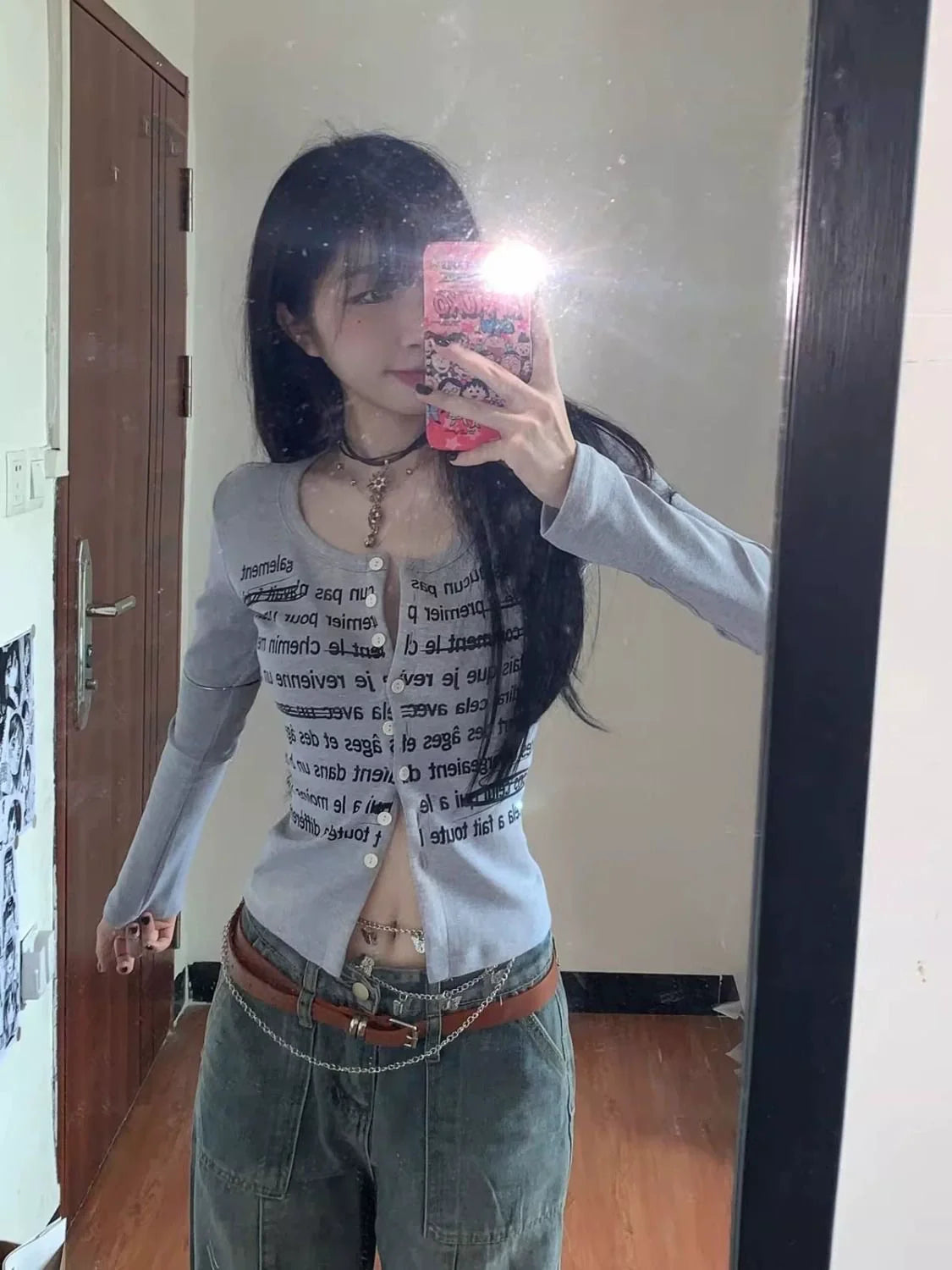 Gray Letter Print Light Subculture Y2K E-girl American Retro Long Sleeve Top