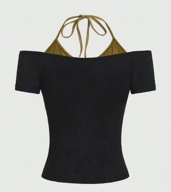 Black American Vintage Butterfly Print Fake Two-Piece Y2K T-Shirt